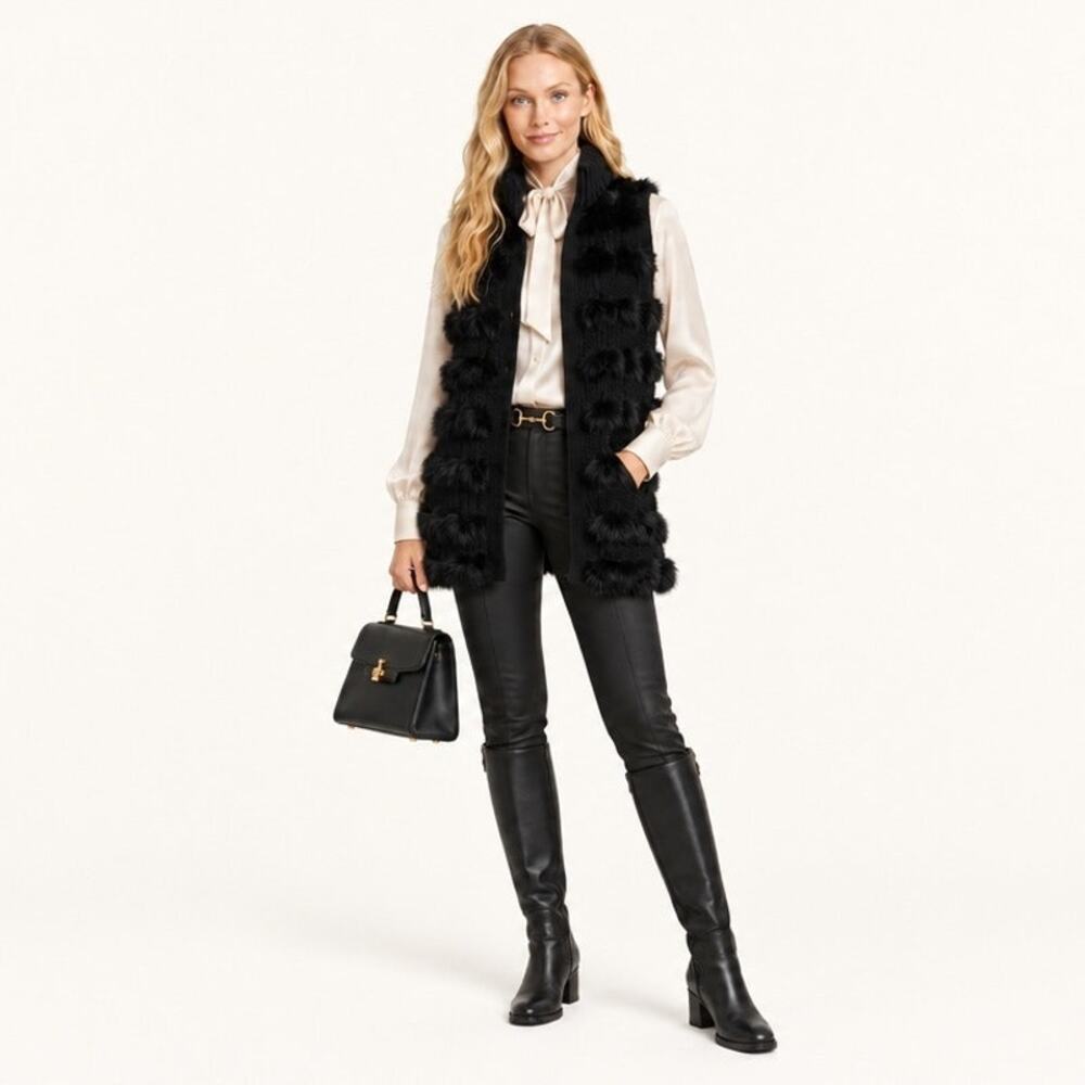 DVF Diane von Furstenberg Alcina Rabbit Fur Wool Vest Black Cardigan M